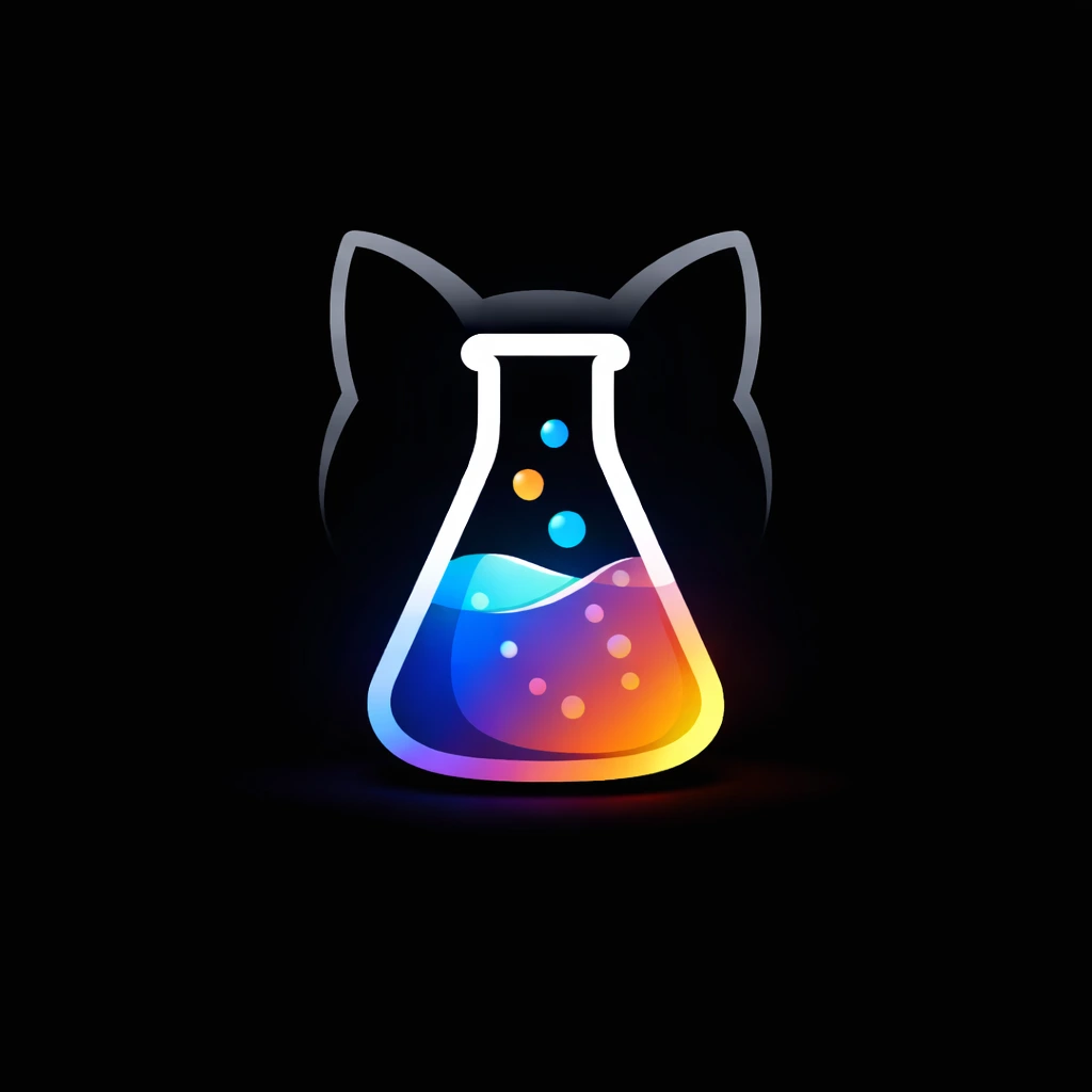 Romcat Labs — a cat silhouette behind a glowing multicolor Erlenmeyer flask